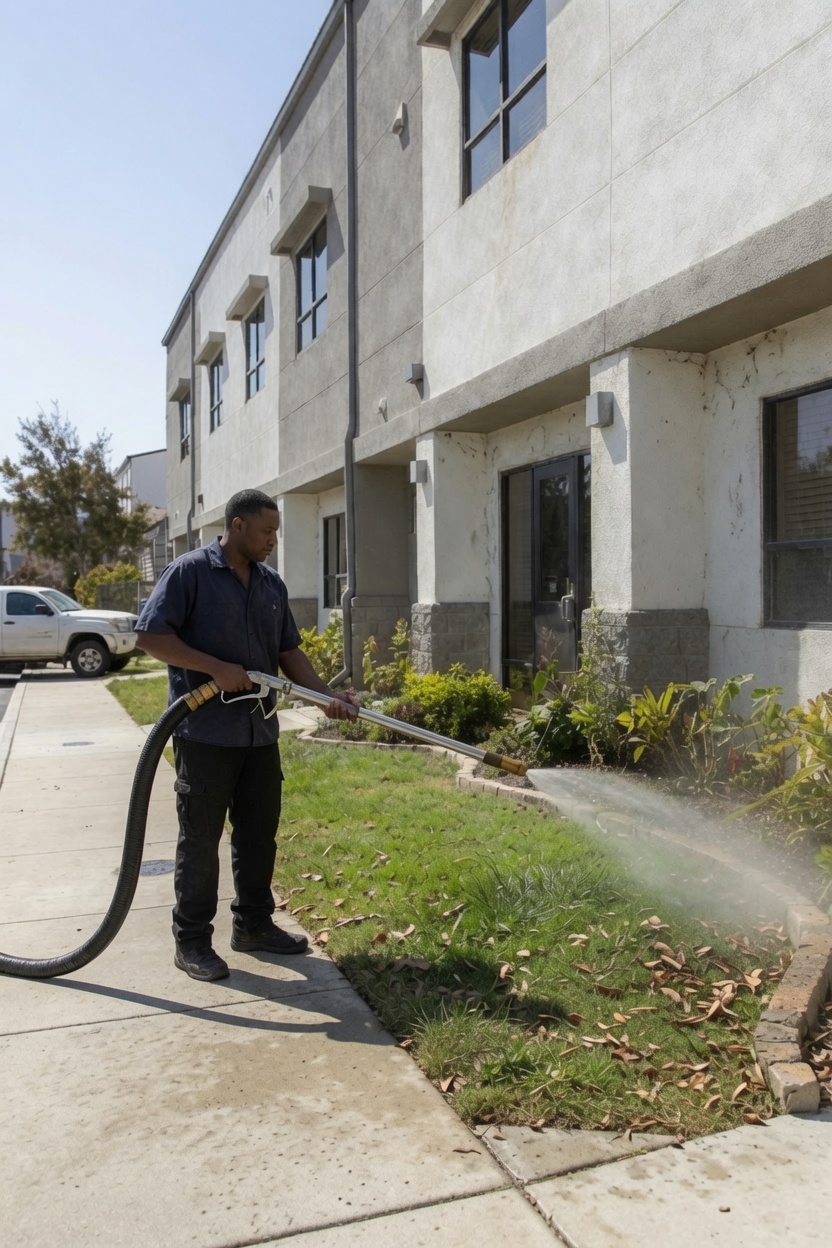 Pest-control technician using a professional wand sprayer at a commercial property
