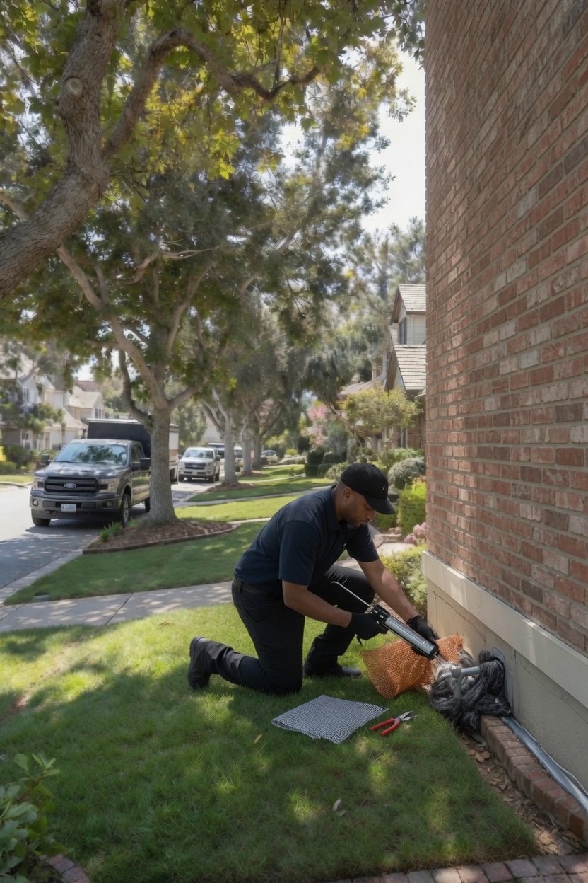 Pest-control technician sealing a foundation for rodent exclusion