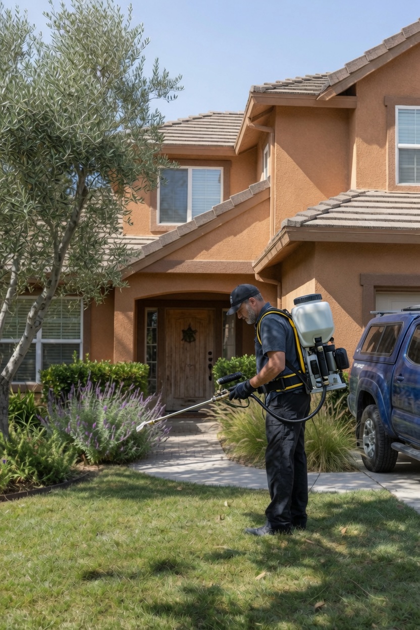 Pest-control technician applying mosquito treatment to landscaping