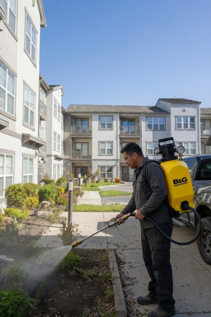 Pest-control technician spraying a multifamily building perimeter