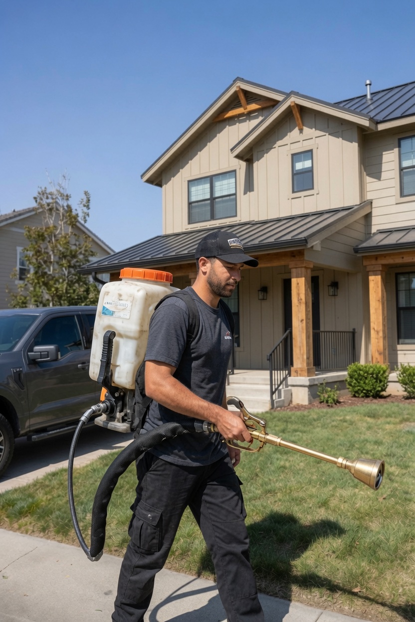 Pest-control technician treating a residential home's perimeter