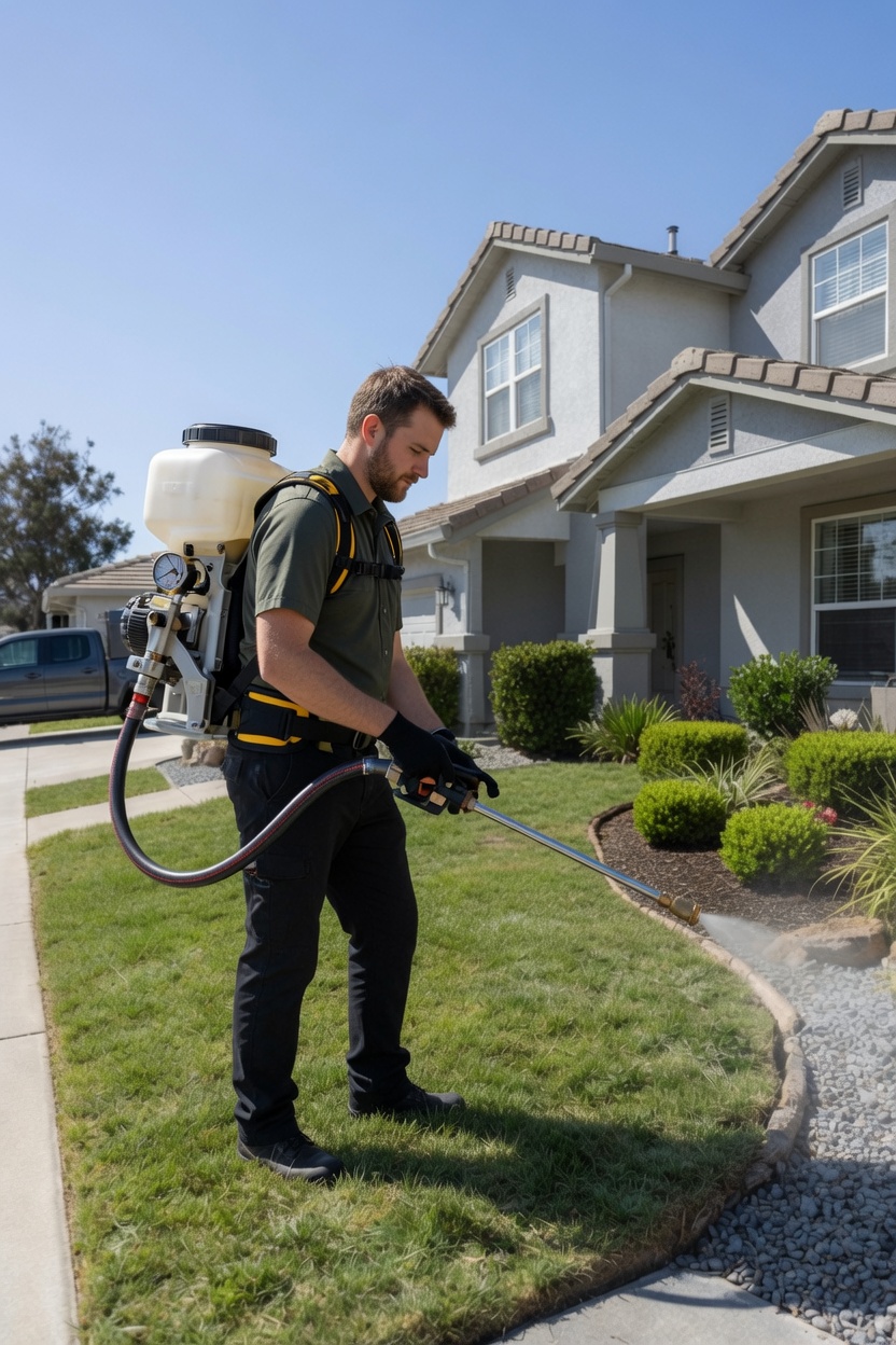 Pest-control technician treating a lawn and landscaping
